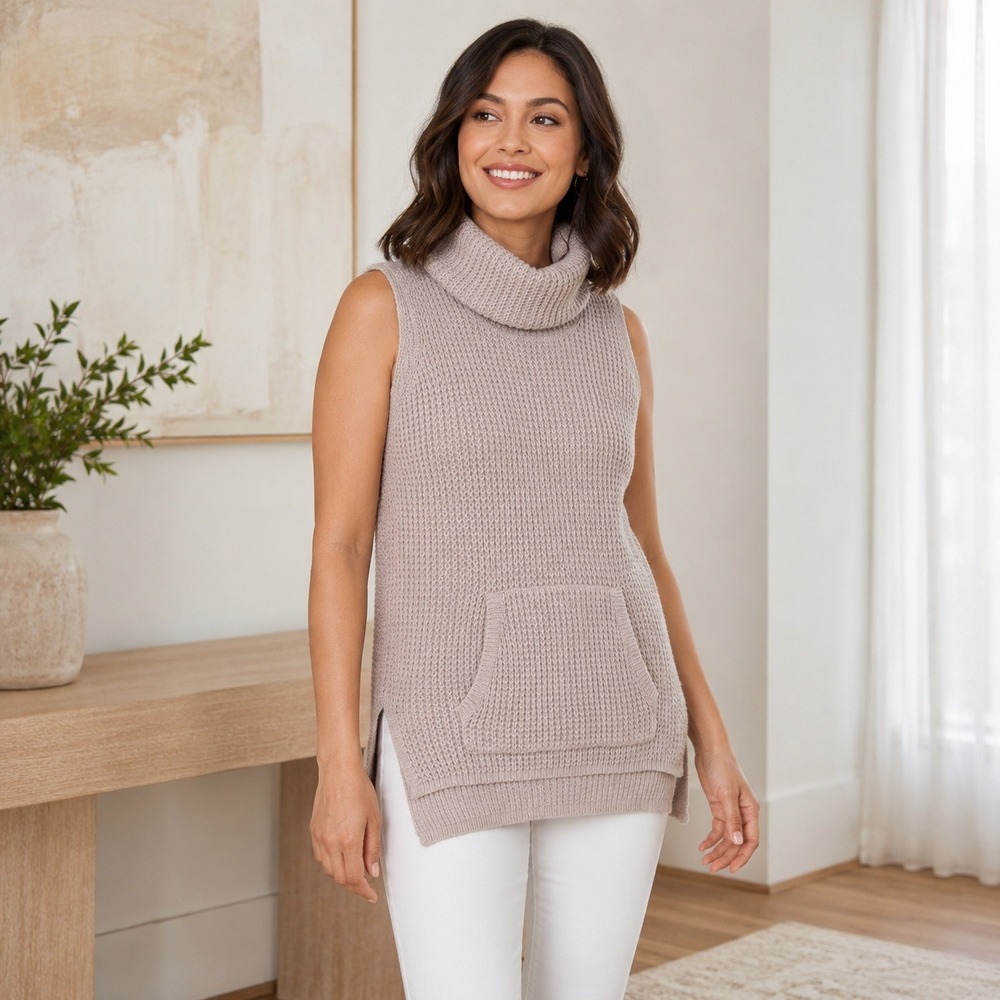 Two by Vince Camuto Women PXS Pink Cowl Neck Sweater Vest Kangaroo Pocket